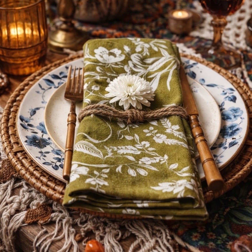 Zina Vasi Olive Green Floral Cotton Napkins Set of 4 Botanical Table Linens